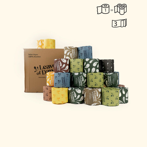 Leaves of Dawn premium 3-ply bamboo toilet paper rolls, packshot, showing their packaging. 

