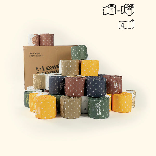 Leaves of Dawn premium 4-ply bamboo toilet paper rolls, packshot, showing their packaging. 
