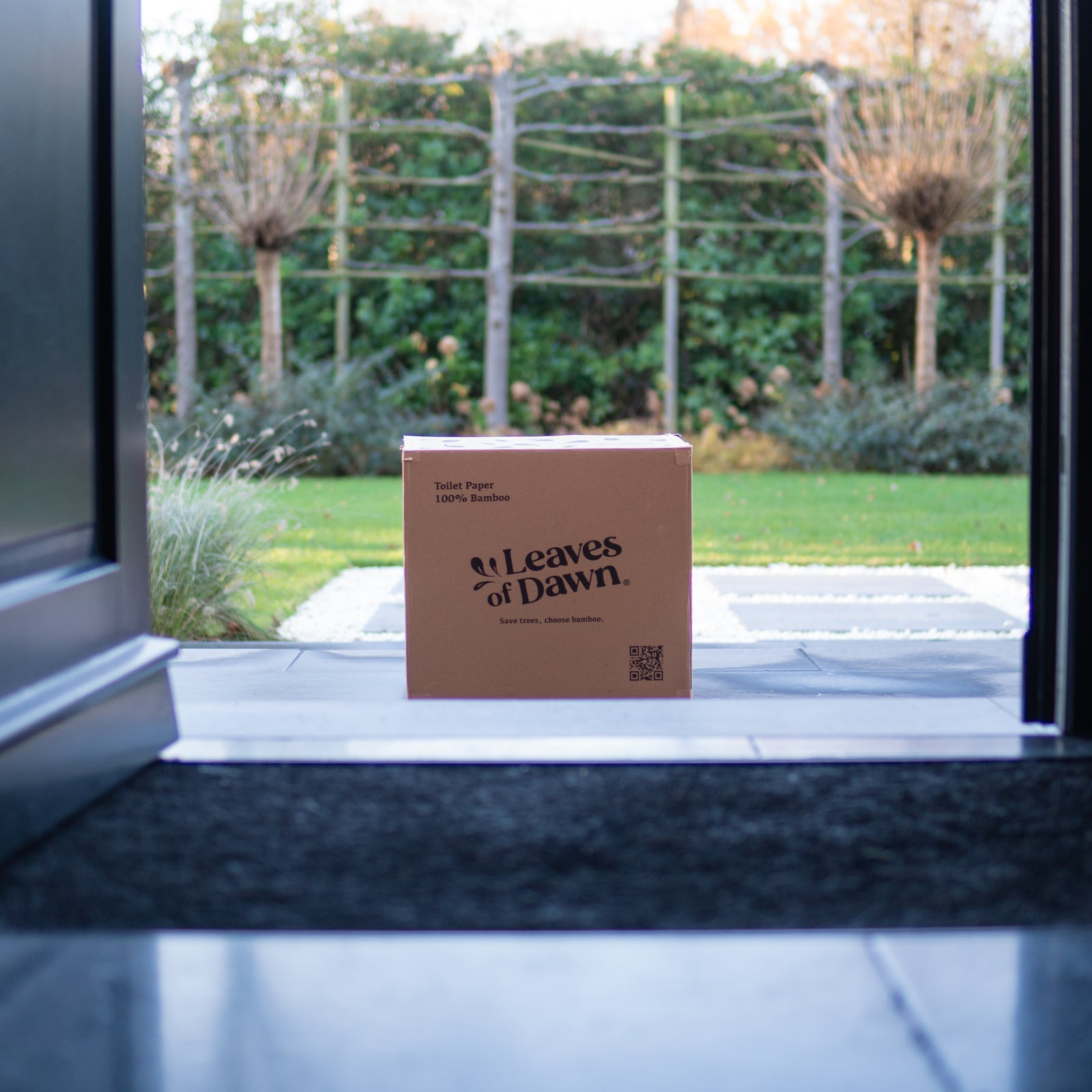 Leaves of Dawn bamboo toilet paper cardboard box in front of a door.